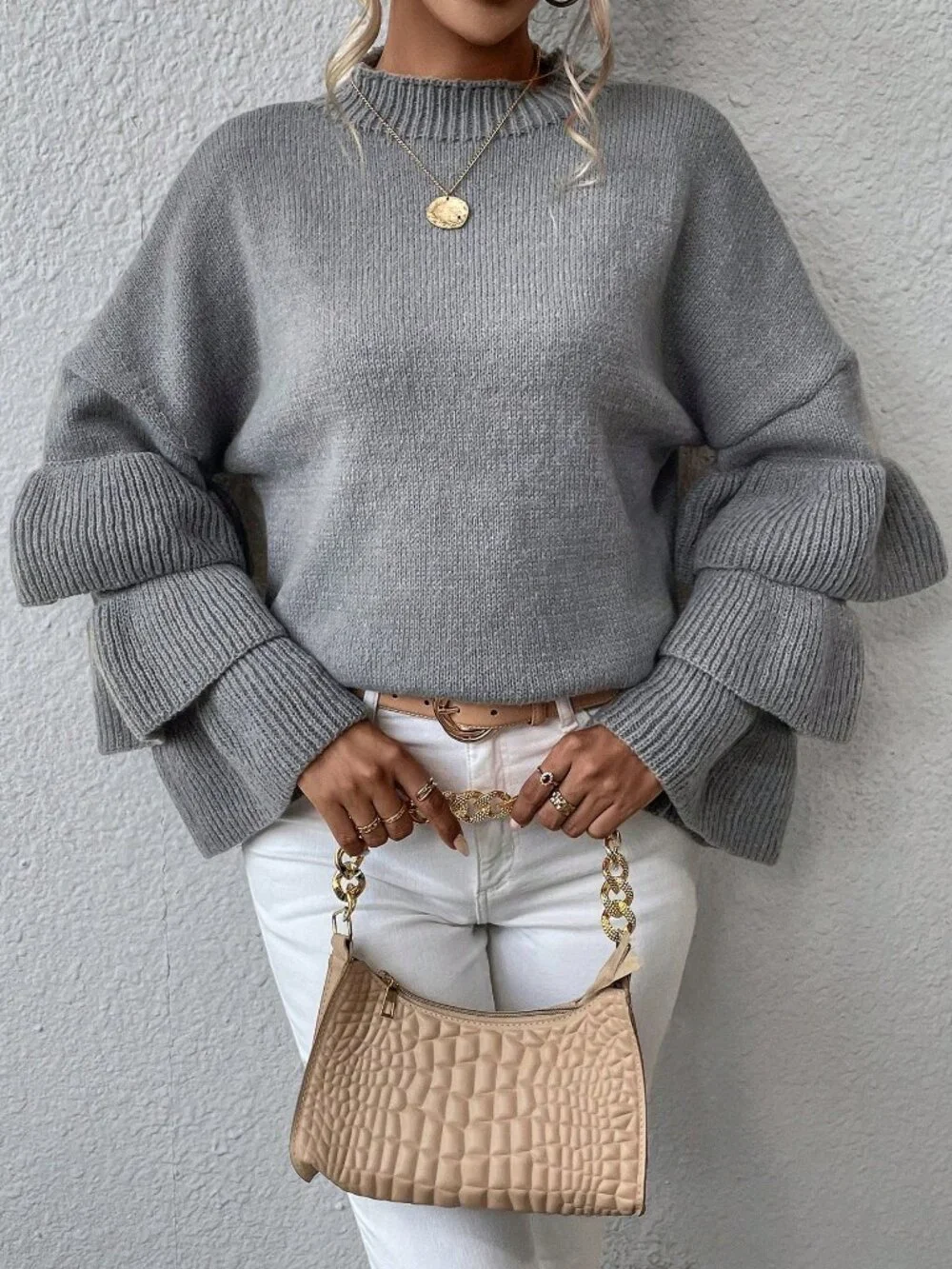 Women's Mock Neck Layer Sleeve Ruffle Trim Sweater - Picture 5 of 6